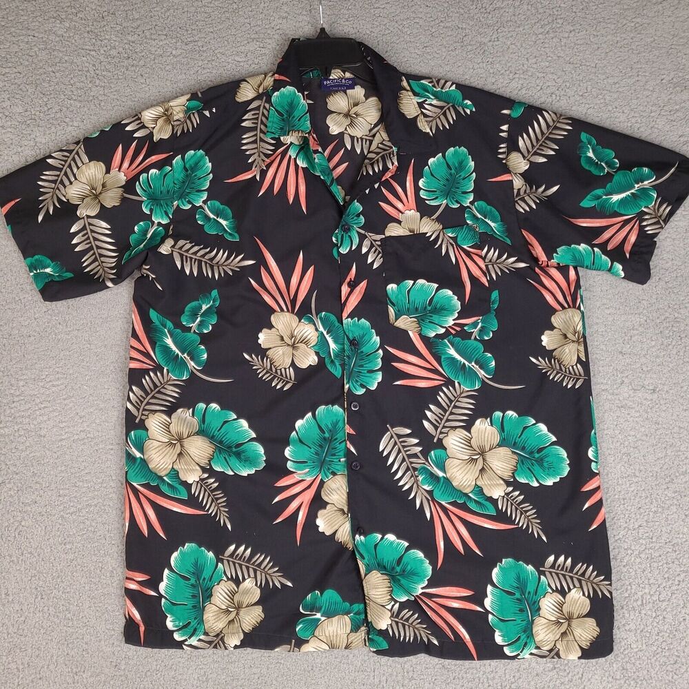 Pacific & Co Hawaiian Shirt Mens Large Black Floral Short Sleeve Travel Tropical